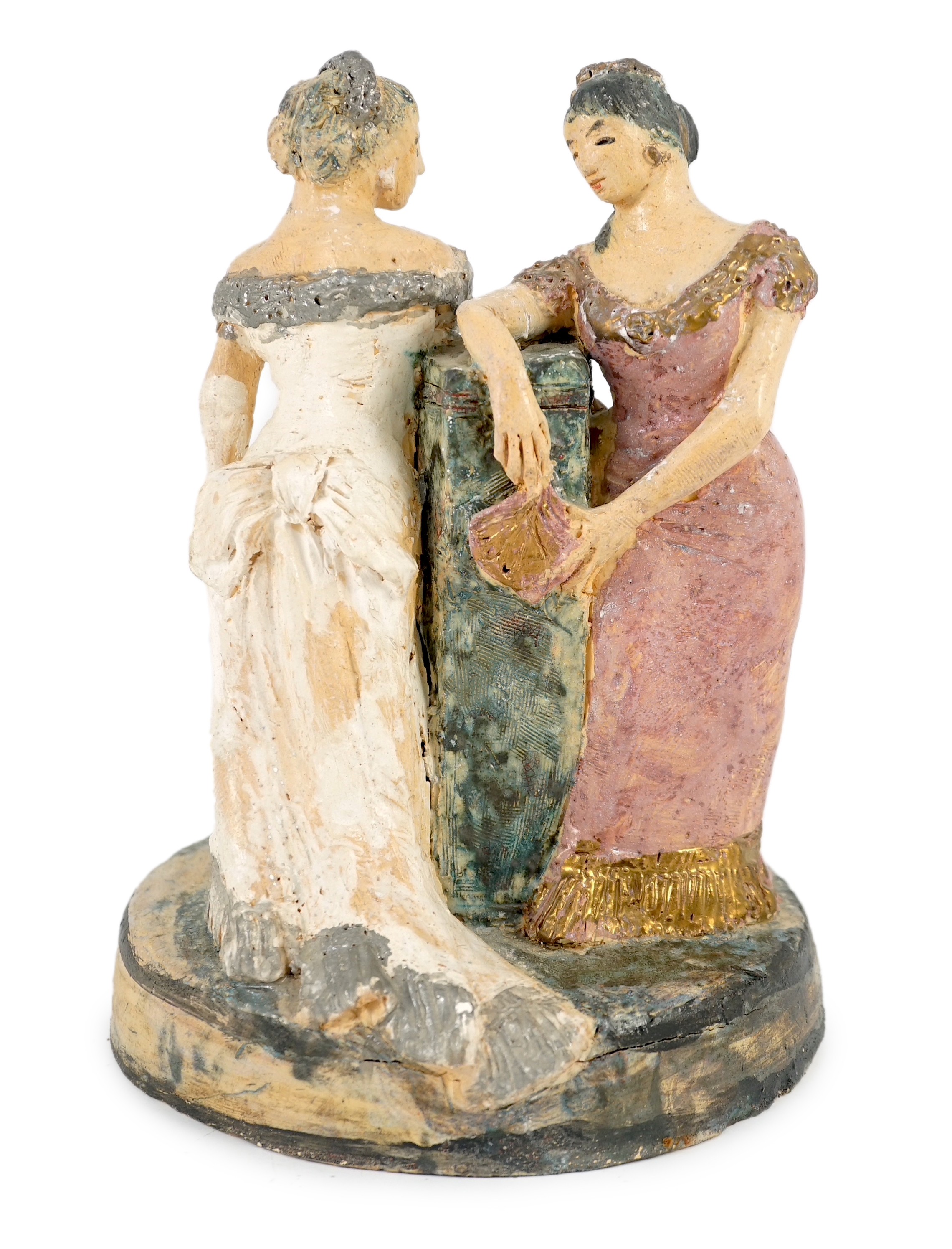 Quentin Bell (1910-1996). A studio pottery group of two women in ballgowns, 25.5cm high